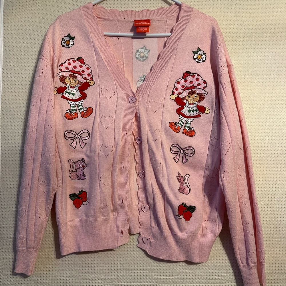 Pink Cardigan with Embroidered Strawberry Shortcake and Custard LG